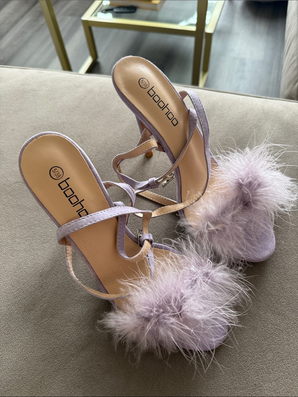 Boohoo Lilac Feather Strap Heels